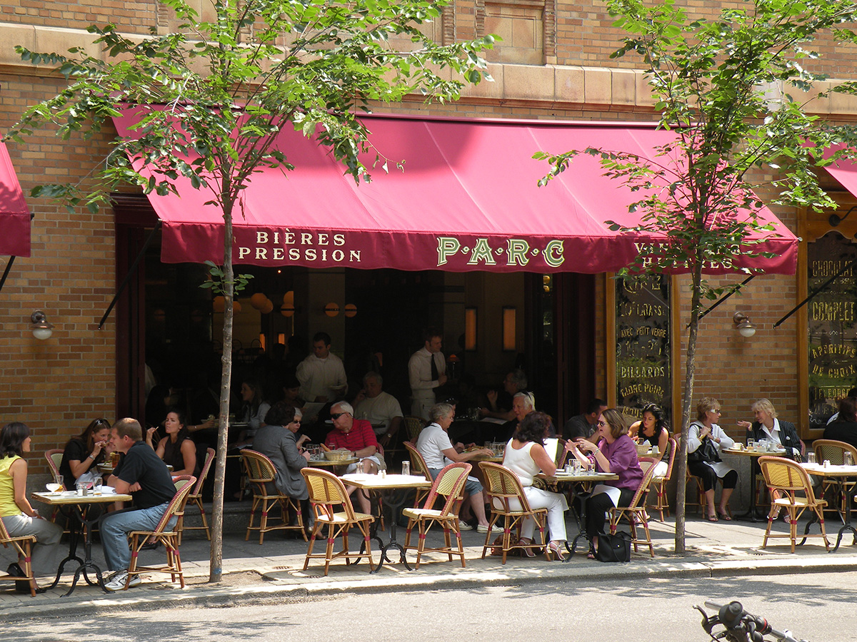 Restaurant with a red awning